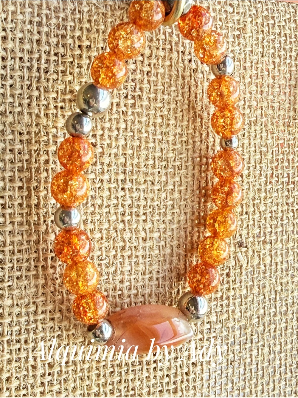 Orange carnelian Crackle quartz Bead Bracelet with Silver Accents